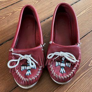 Red Leather Minnetonka Beaded 'Thunderbird' Moccasins